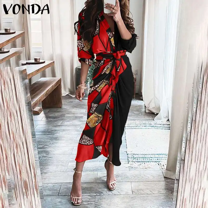 

Women Shirt Dress 2021 VONDA Autumn Vintage Printed Long Dresses Kleid Robes Femme Long Sleeve Lapel Button Down Sundress