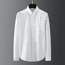 Fashion Brand Personalized Front Patchwork Collar Hot Drill Rhinestone Shirt Mens Long Sleeve Slim Casual White Shirt Korean Men