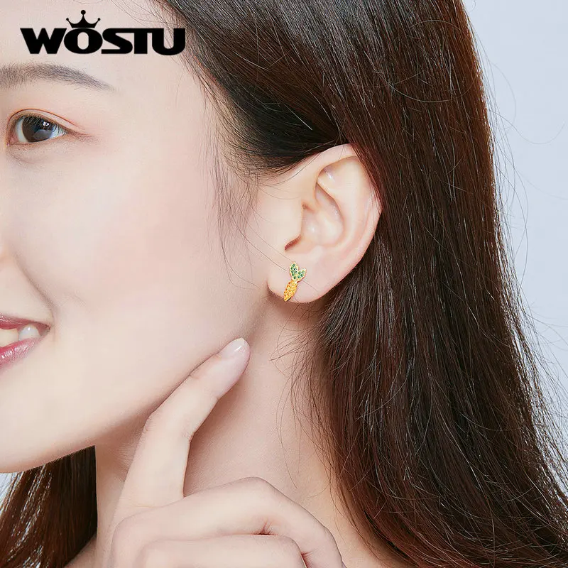 WOSTU Fashion 925 Sterling Silver Rabbit& Carrot Stud Earrings Zircon Gold Wedding Earrings For Women Wedding Jewelry CQE249-B