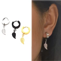 hip hop stainless steel leaf pendant hoop earrings korean jewelry charm small huggie earrings for women