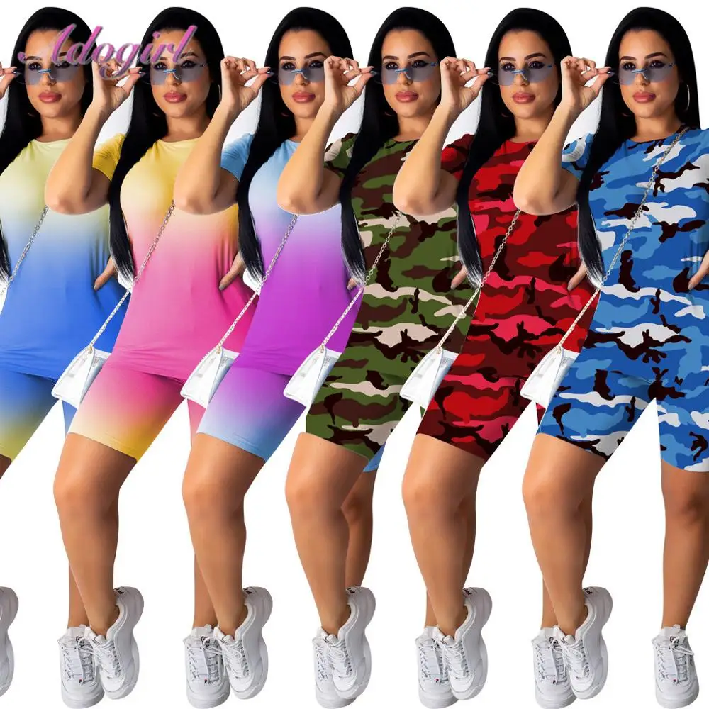 

Women Summer Tracksuit 2 Piece Set Casual Gradient Camo Short Sleeve Crop Tops T-Shirt Bikers Pants Suit Sport Joggers