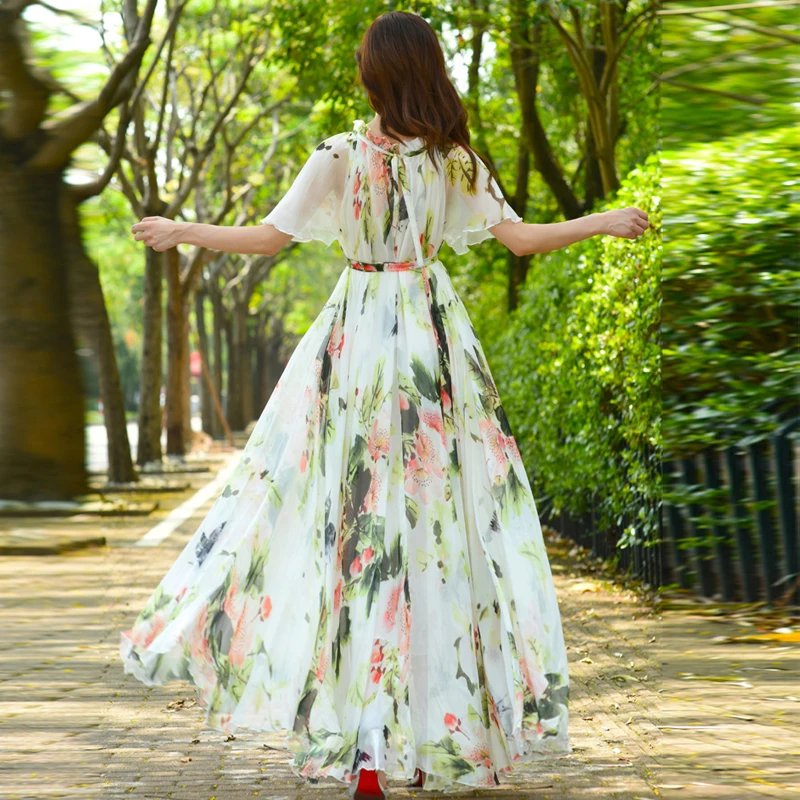 Женское шифоновое платье в стиле хиппи винтажное белое с цветочным принтом