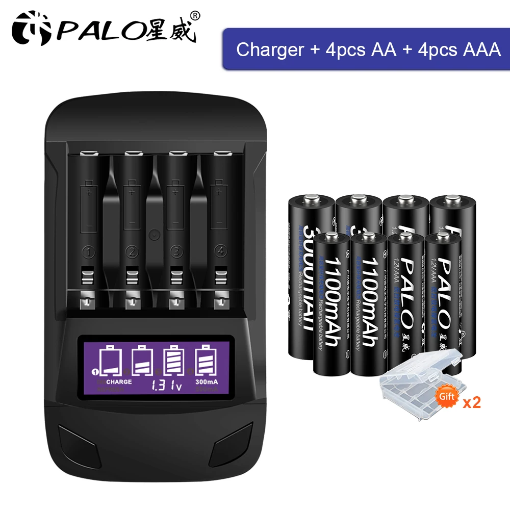 

PALO 4pcs AA AAA Battery Rechargeable 1.2V NiMH +4 Slots LCD USB Smart Charger 2A 3A Batteria Recharger