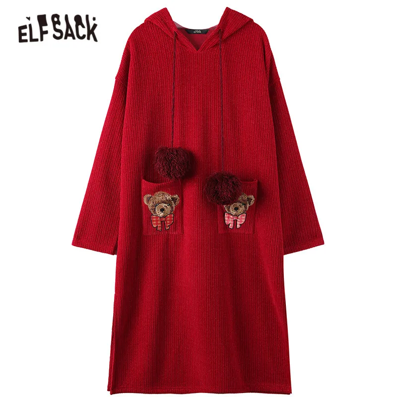 

ELFSACK Christmas Red Bear Embroidery Knit Casual Dress Women,2021 Winter ELF Vintage Hair Ball Drawstring Female Party Dresses
