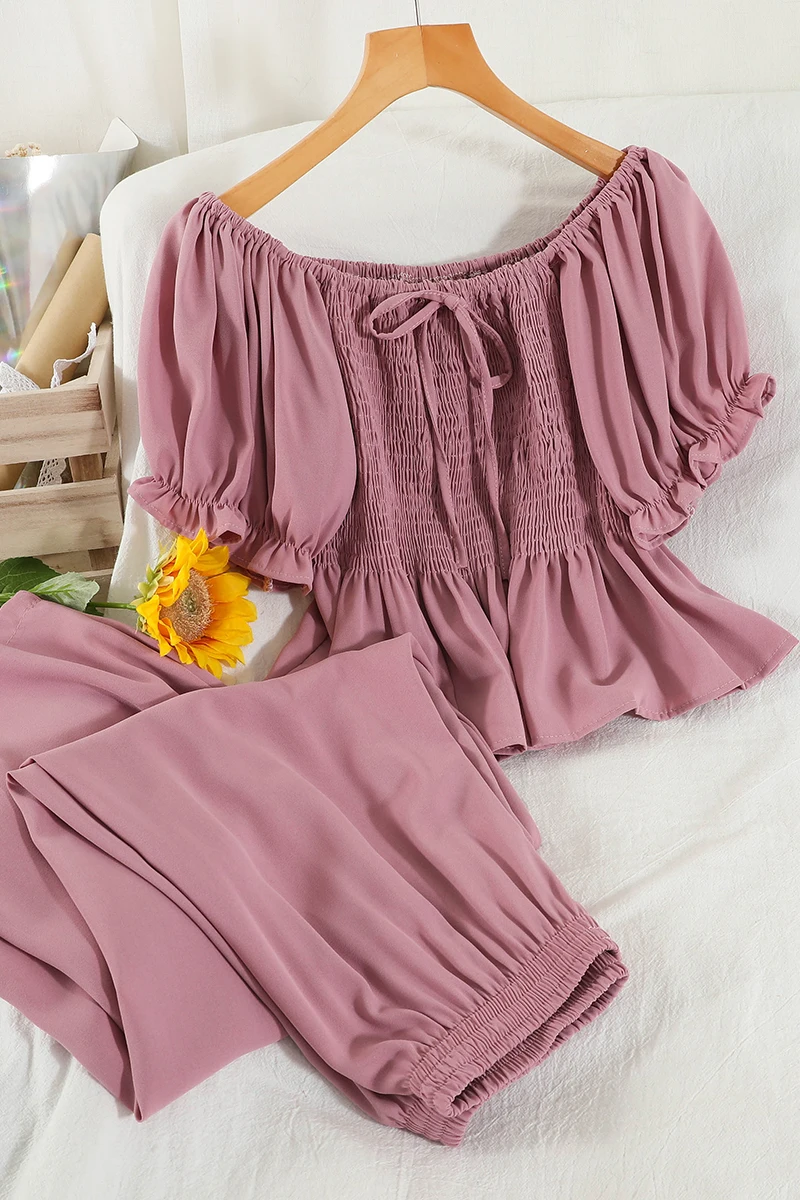 

Summer Sweet Short Niche Shirt Straight Wide-leg Casual Pants Two-piece Women