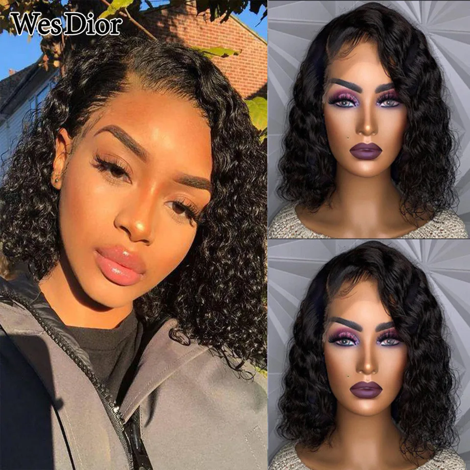 

Короткий вьющийся парик Боб, бразильские вьющиеся волосы 13x 4, парики из человеческих волос на сетке спереди для черных женщин 4x4, вьющийся па...