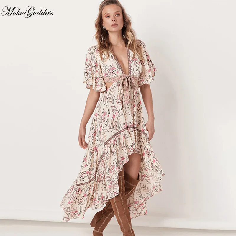 Богемное платье с глубоким V образным вырезом шнуровкой и принтом|Женские платья|