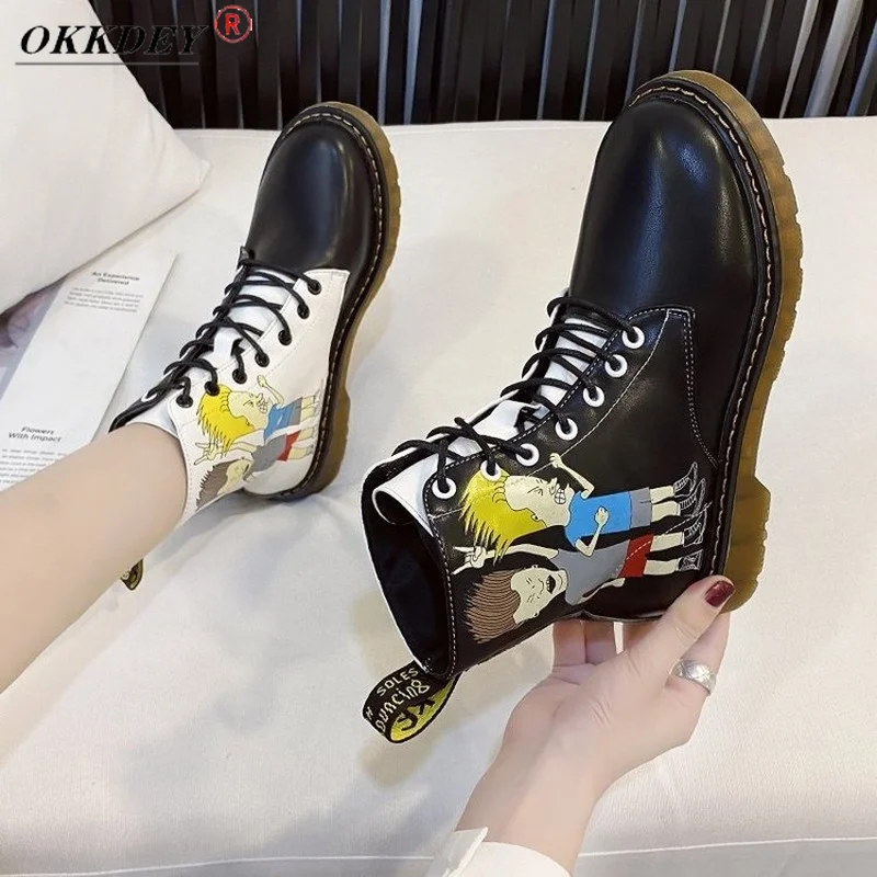

2021 Autumn Graffiti Martin Boots Women's Chelsea Boots Casual Round Head Lace Up Cartoon Print Ladies Boots Winter ShoesOKKDEY