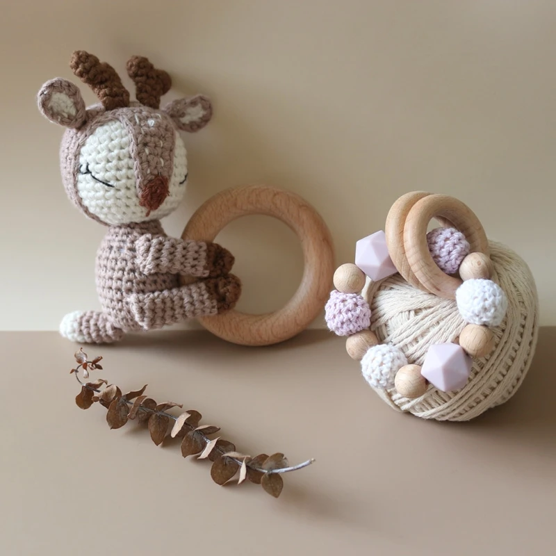 

Baby Pacifier Clip Chain Dummy Holder Wooden Teething Bracelet DIY Crochet Animal Deer Teether Infants Rattle Soother Molar Toy