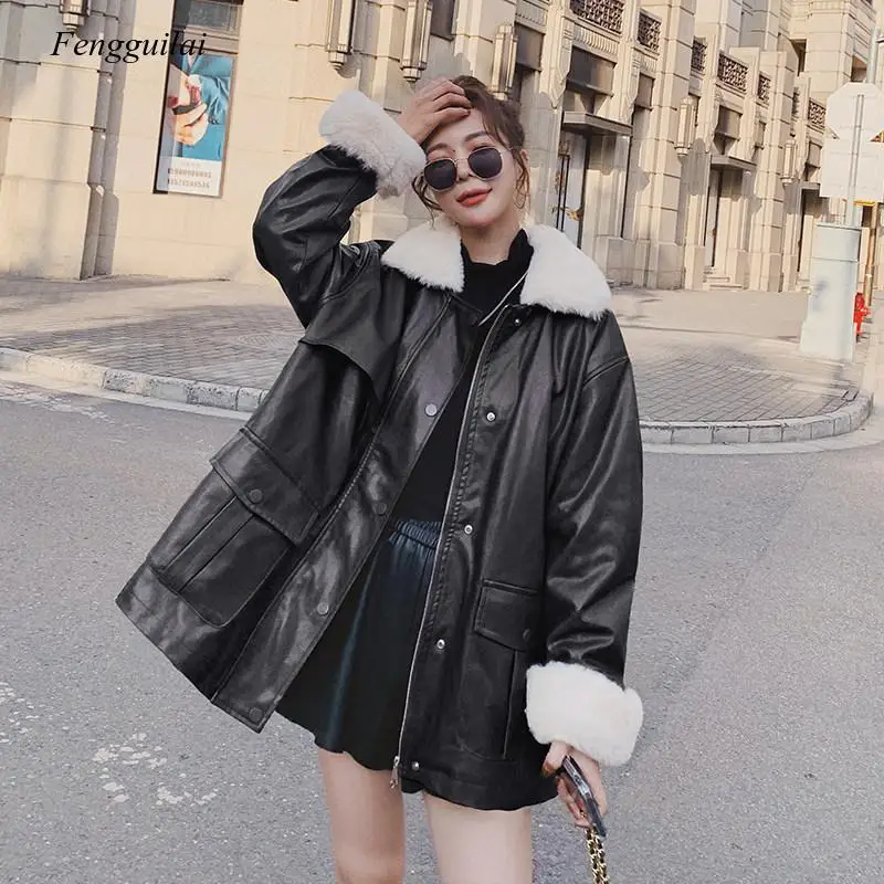 Motorcycle Fur Coat Women's Middle and Long Model 2020 Winter New Korean Loose Lambskin Cotton Garment Imitation Fur