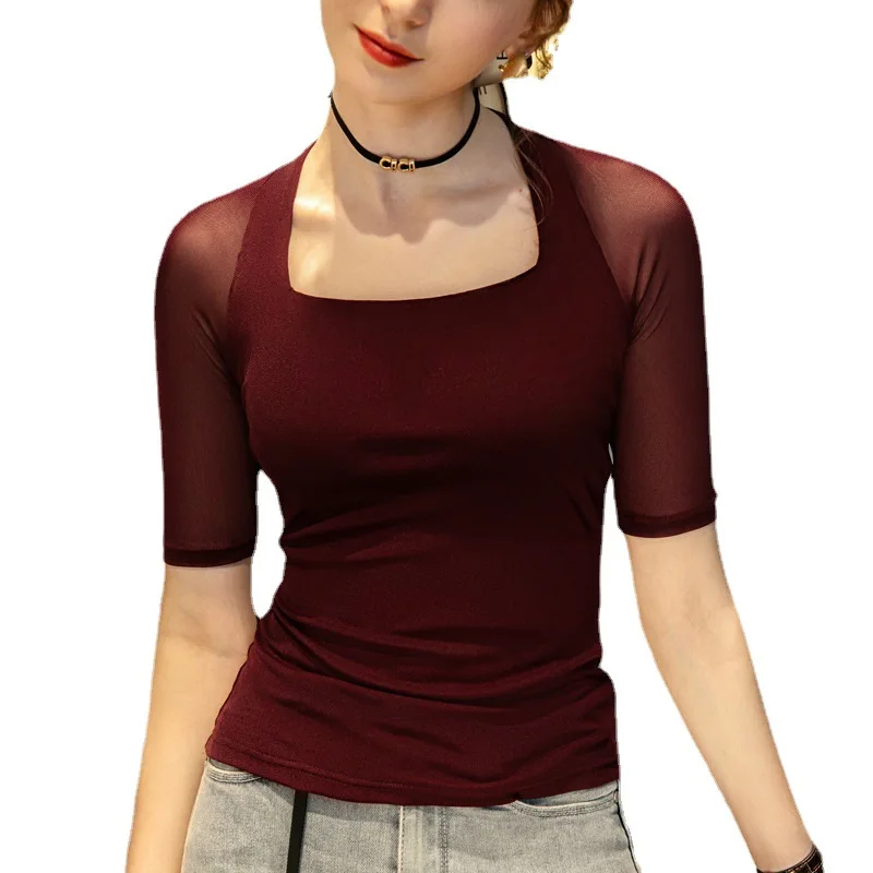 Women Soft Cotton T-shirt Half Sleeve Square Collar Solid color Lady Basic Shirt  For Spring & Autumn Causal Top