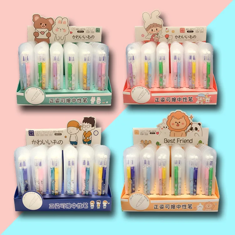

24 set/lot Cartoon Animal Erasable Gel Pen Set Cute 0.5 mm Correct Grip pens Office School Writing Supplies Stationery gift