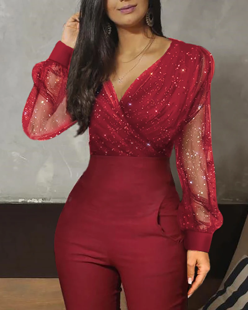 2020 Women Elegant Casual Party V-Neck Jumpsuit Female Long Sleeve Romper Sheer Mesh Glitter Ruched Wrap Jumpsuit