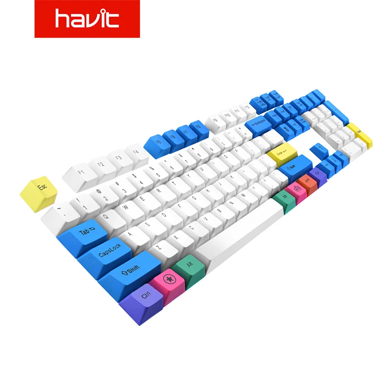 Havit mekanik klavye PBT Keycaps oyun klavye tuş takımı seti DIY kiraz MX beyaz ve mavi ve sari 87 104 tuşları