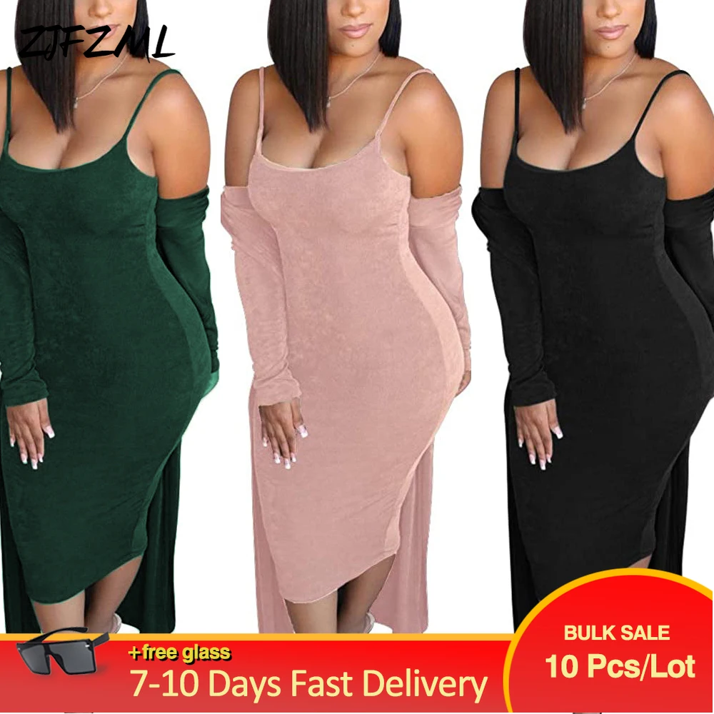 

Bulk Lots Wholesale Items Women's Bandage Tracksuits Elegant Warm Outfits Camisole Slim Fit Mid Calf Dress+velour Open Stitch