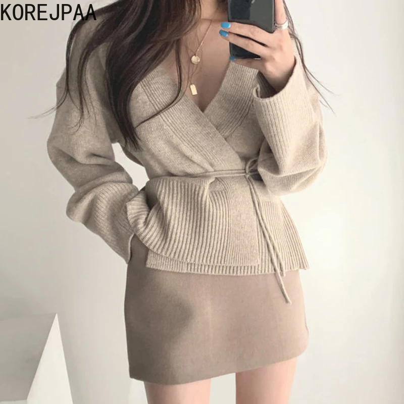 

Korejpaa Autumn Fashion Women Suit Korea V-neck Long Sleeve Bandage Knitted Cardigans Coat High Waist A-line Knitwear Mini Skirt