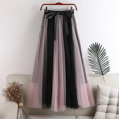 

W322 Spring Summer Women Patchwork Colors Mesh Skirt High Waist A-line Big Hem Fluffy Skirt Loose Casual