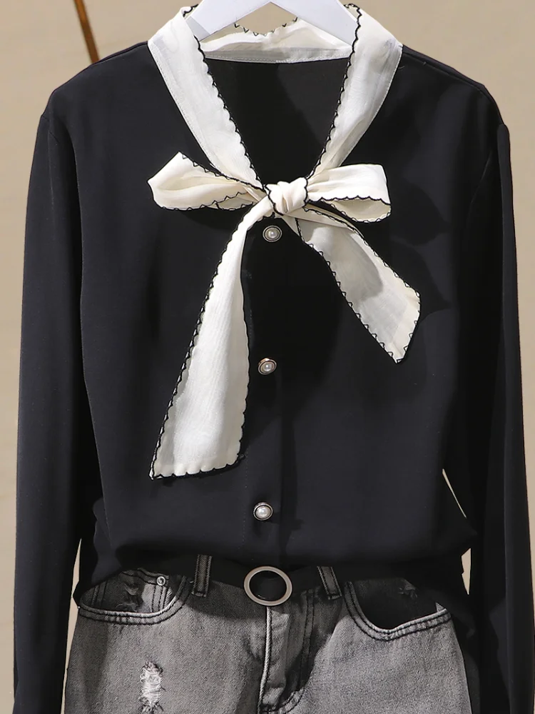

Black Chiffon Women Shirts Summer New 2021 Bow Neck Loose Elegant Office Lady Outwear Tops