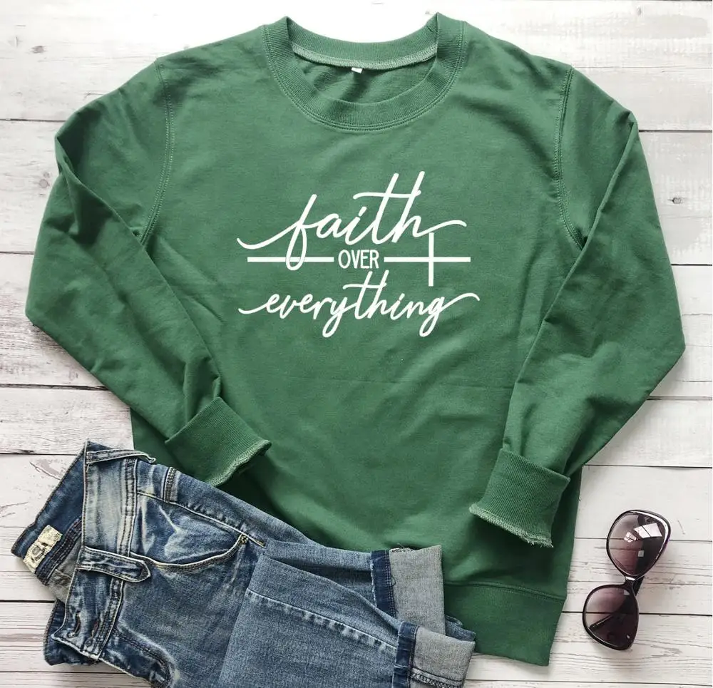 Graphic Hoodies Casual Bible Christian Clothing Jumper Quote Jesus Vintage Tops Faith Over Everything Sweatshirt Woman