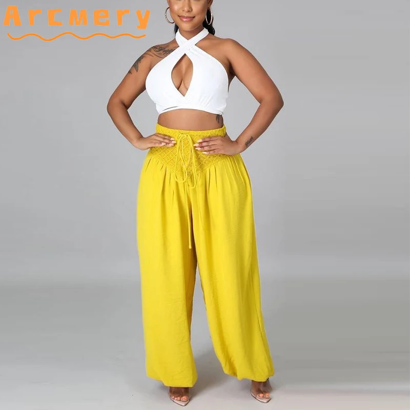 

2 Pieces Pants Sets Women Halter Sleeveless Top & Wide Leg Causl Pants