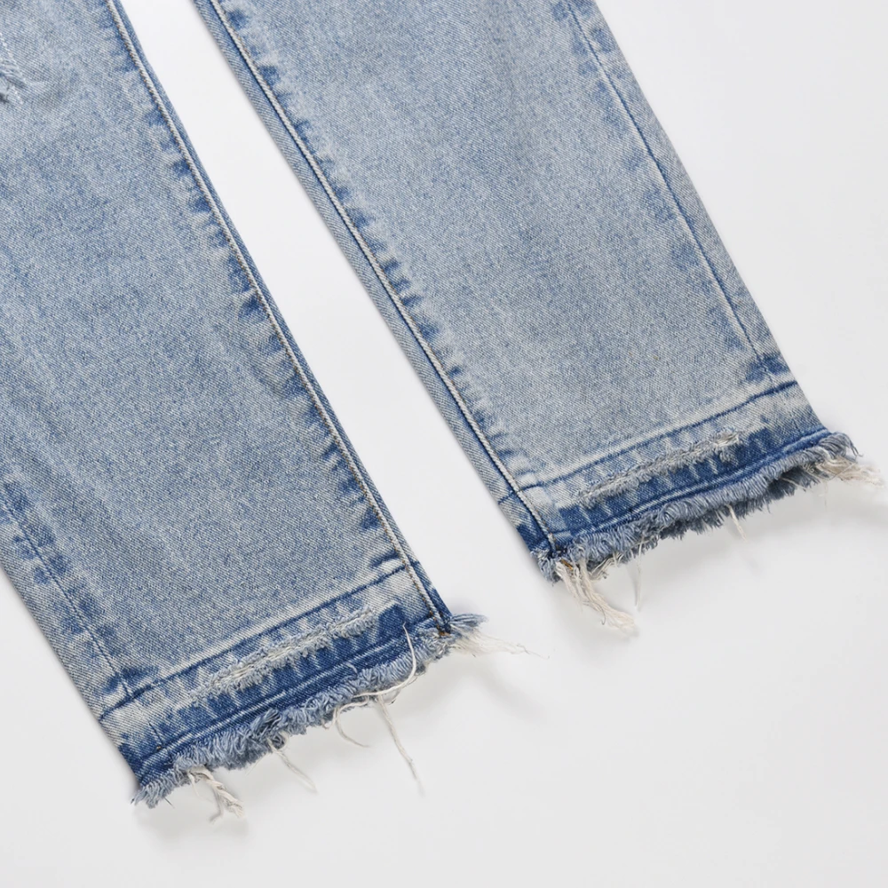 

Washed Blue Deconstructed Jeans Ripped Holes Jog Autumn Streetwear