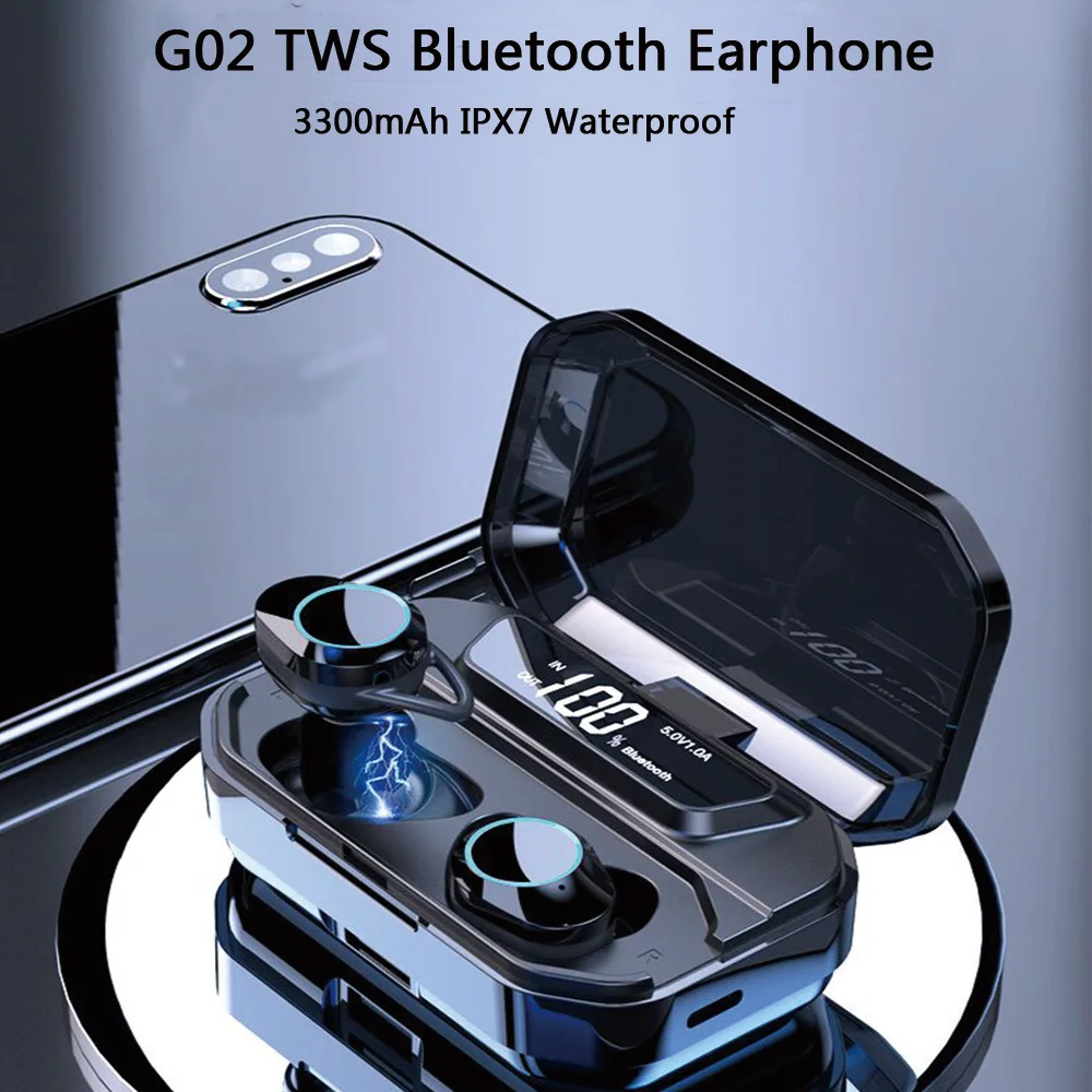 G02 TWS Wireless Bluetooth Earphone 6D surround Stereo 5.0 IPX7 Waterproof Gaming Headset 3300mAh LED display | Электроника