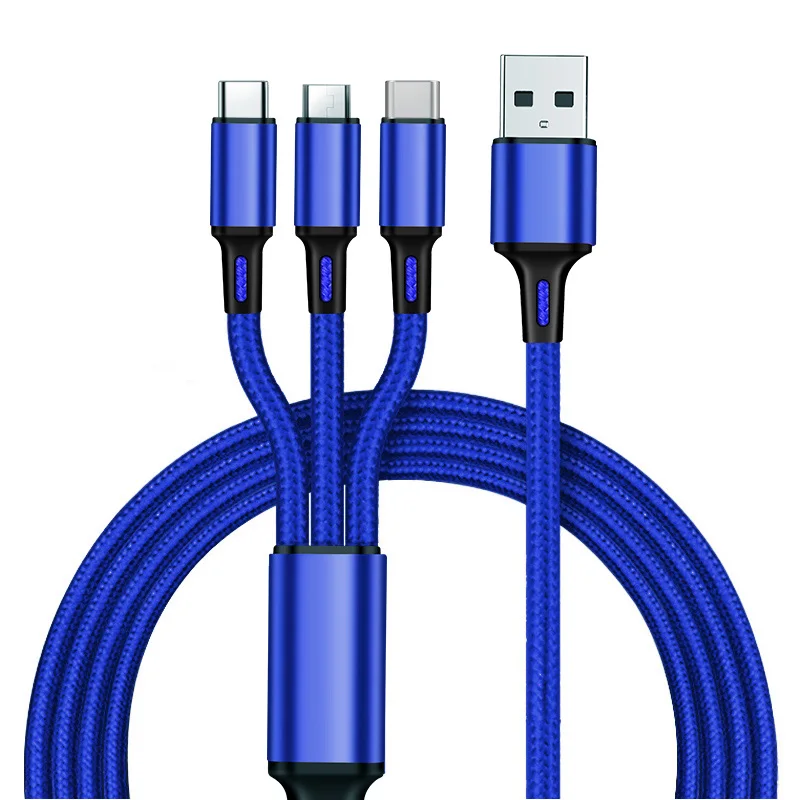 Быстрая зарядка 3 в 1 8Pin usb type C Micro USB кабель для iPhone 8X7 6 6S Plus samsung Nokia USB кабели Нейлоновый Шнур Универсальный - Цвет: Синий