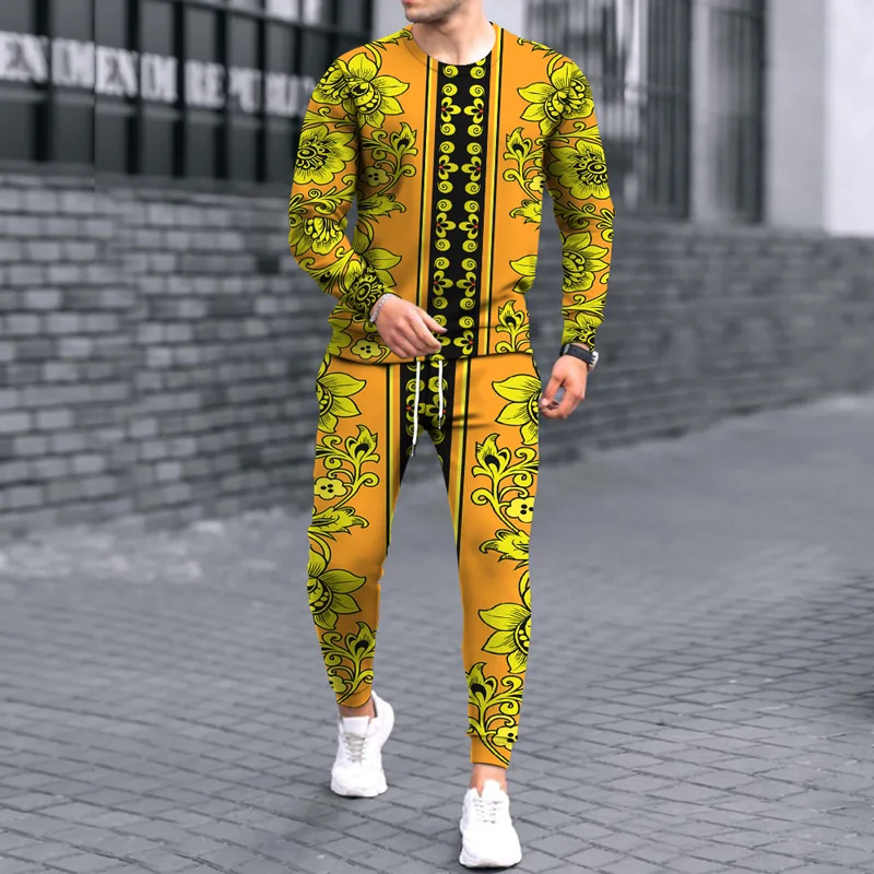 

2021New Leisure Sports 3DRetro Printing Spring and Autumn Men and Women Round Neck sweaterr + Trousers Sports Two-piece Suit