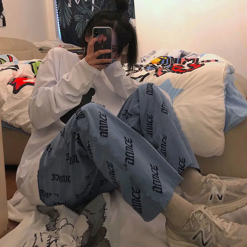 

HOUZHOU Oversize Print Wide Leg Pants Women Korean Fashion Street Style Blue Joggers Trousers Female Harajuku Jogging Sweatpants