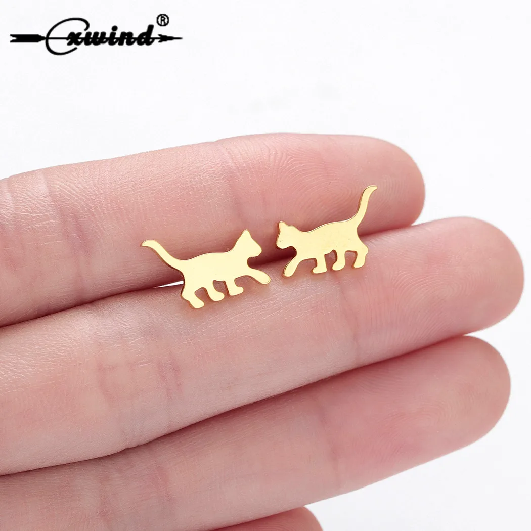 

Cxwind Stainless Steel Cat Stud Earrings for Women Kids Jewelry Tree Owl Kitty Cat Earings boucle d'oreille femme