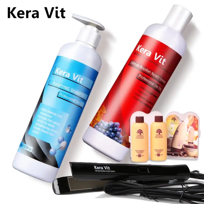 High Quality Professional Kera Vit 500ml Purfying Shampoo+500ML 5% N Keratin Treatment Hair+Hair Iron+a Free Small Gifts Set