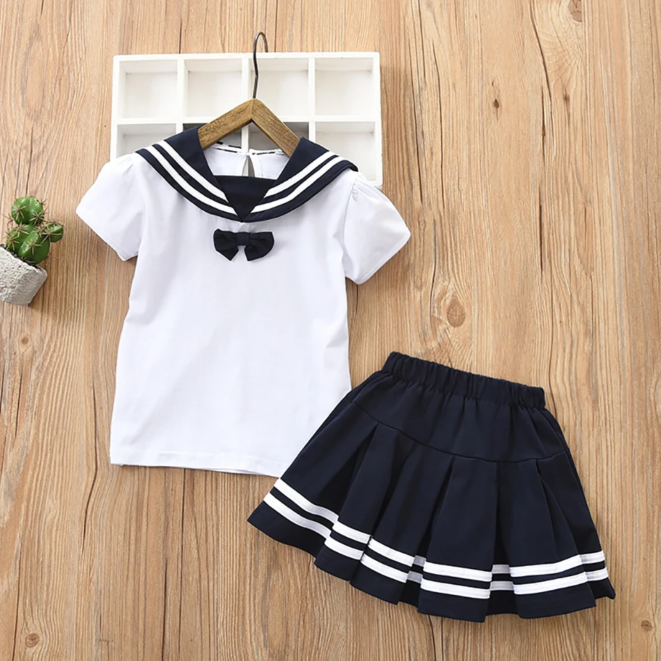 Kidswant College Style Chirld Girl Clothes Suit Fashion Bow Sleeve Sleeve T-Shirt + Pleated Skirt 2pcs Set Kids Summer Outfits