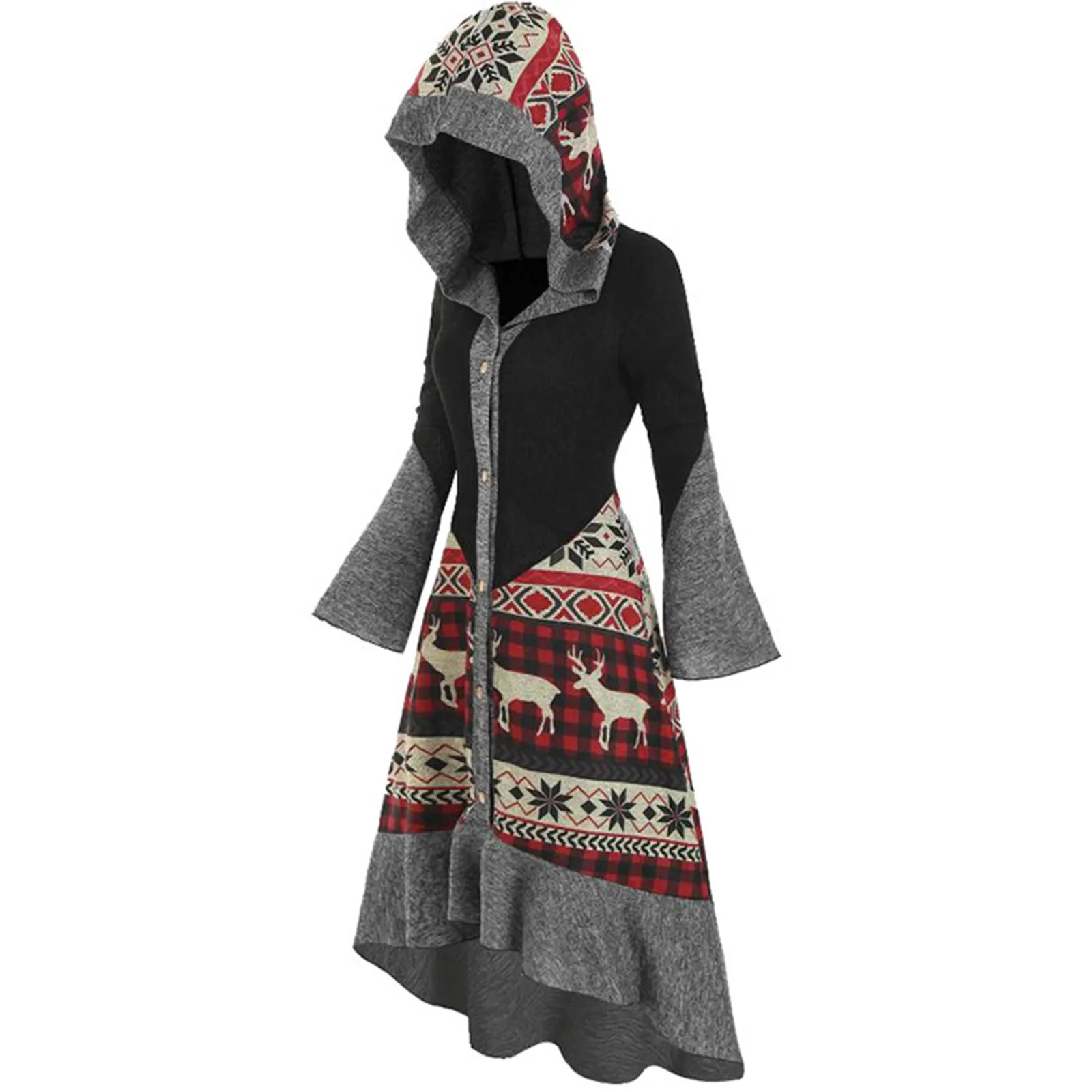 Женское Хлопковое платье с длинным рукавом контрастных цветов капюшоном и