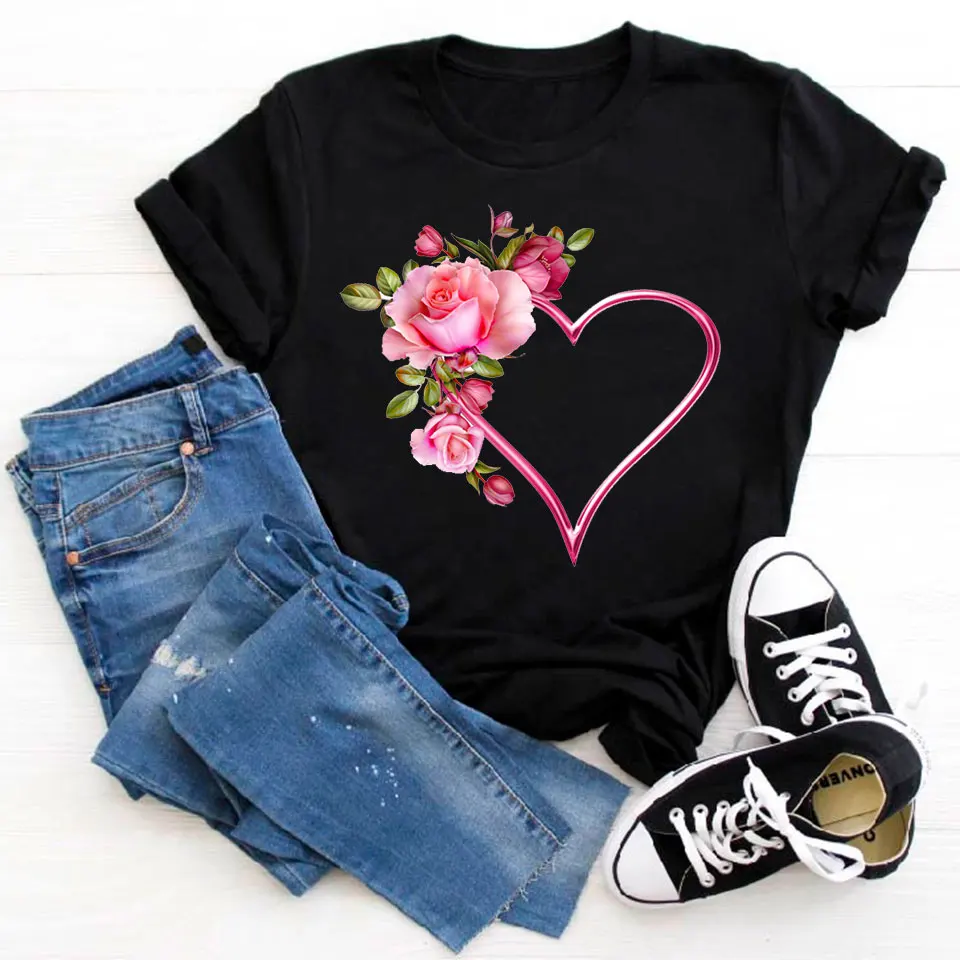 Heart Flower Tshirt Print Female T Shirt Harajuku T-Shirts Women Summer Short Sleeve Casual Clothing Ullzang Harajuku Tee Tops print t shirt women tee tops fashion summer women tshirt casual short sleeve female tshirt harajuku cow dot print basic t shirt