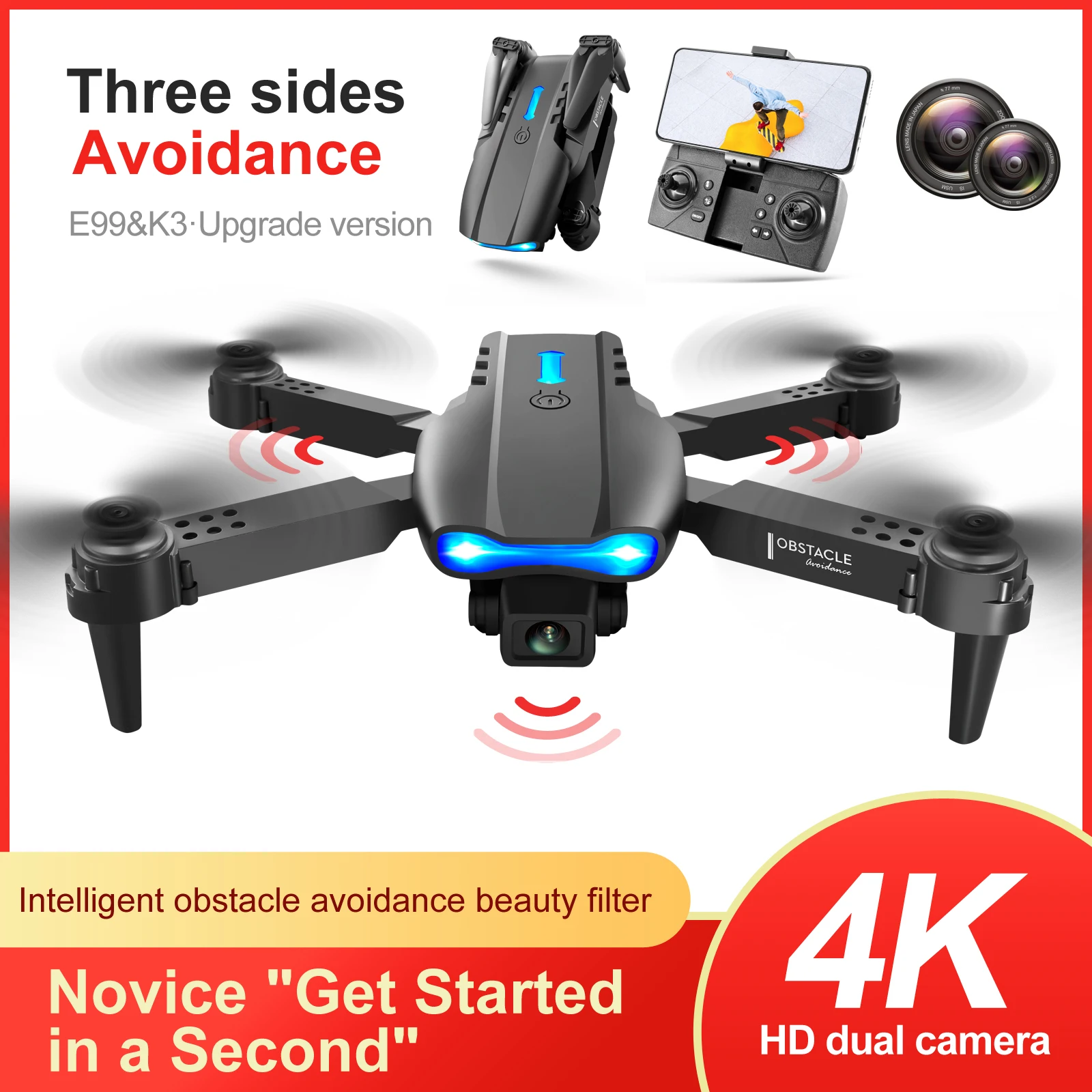 квадрокоптер с камерой E99 Pro 2 Мини WIFI HD 4k Дрон Режим удержания высоты Складной RC