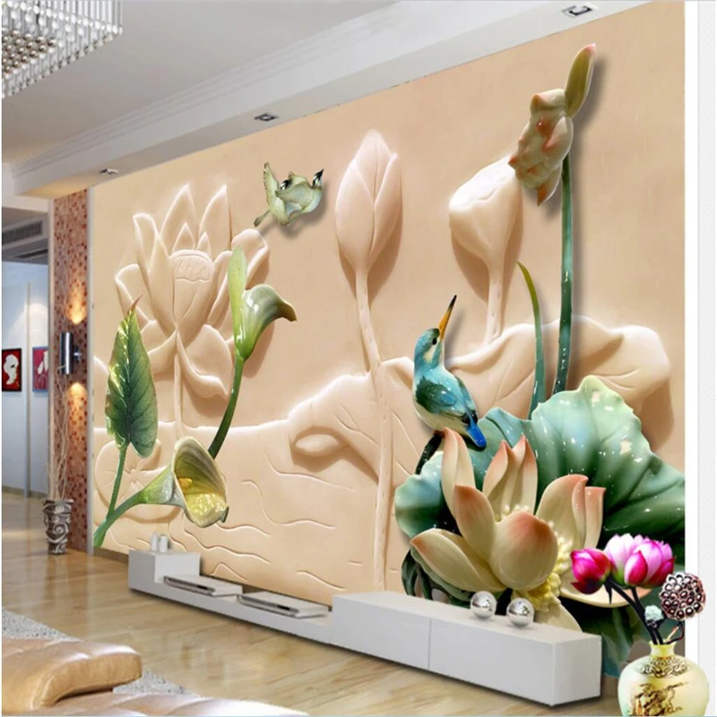 3DBEIBEHANG Large mural wallpaper custom any size photo Aesthetic jade carved lotus birds living room bedroom background wall |