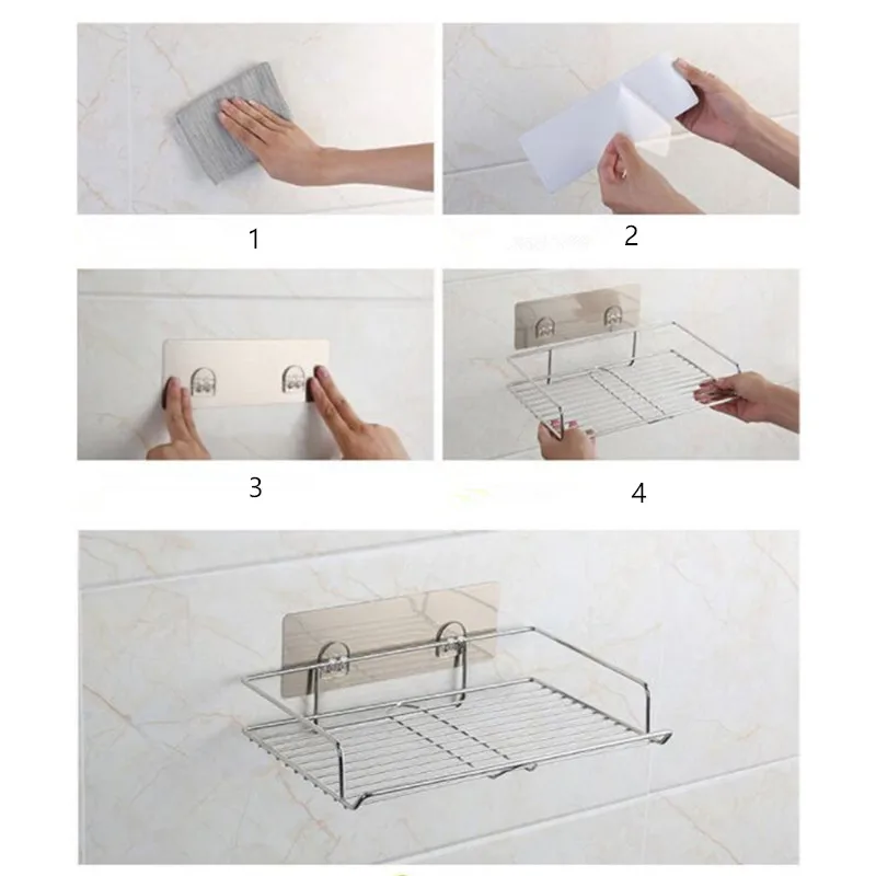 

Single Layer Nail-Free Adhesive Bathroom Storage Rack Stainless Steel Wall Hanging Kitchen Seasoning Shelf Holder with Guardrail