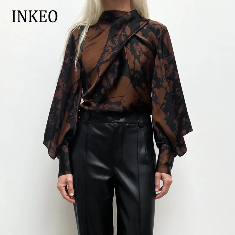 

2022 Spring Elegant Print Bow blouse Fashionable Satin print Batwing sleeve Female Shirt Pleated Tops Ladies Clothes INKEO 1T084