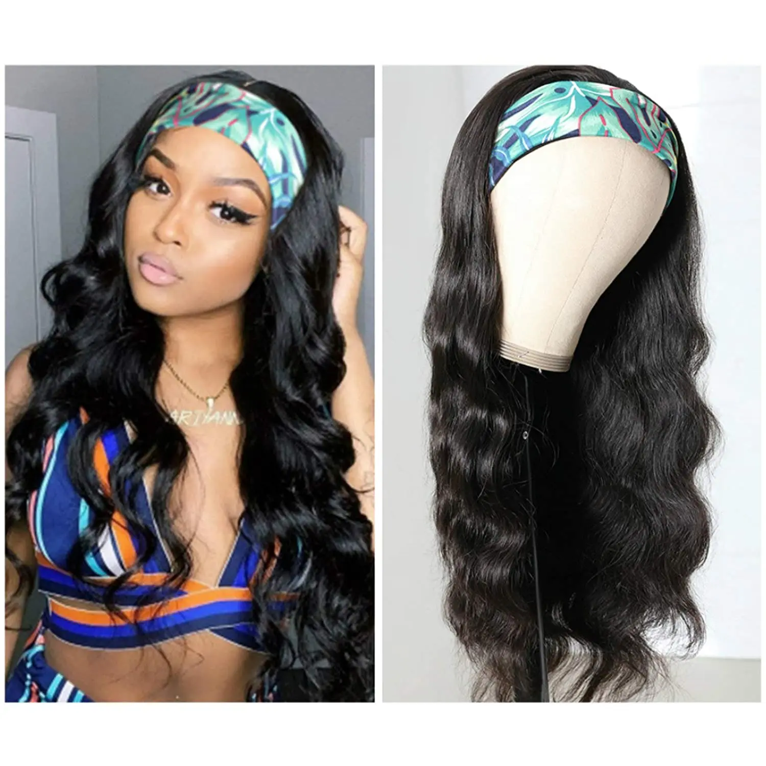 

KISSU Headband Wig Human Hair Scarf Wig Brazilian Body Wave Wig Natural Color Wavy Glueless Human Hair Wigs for Black Women