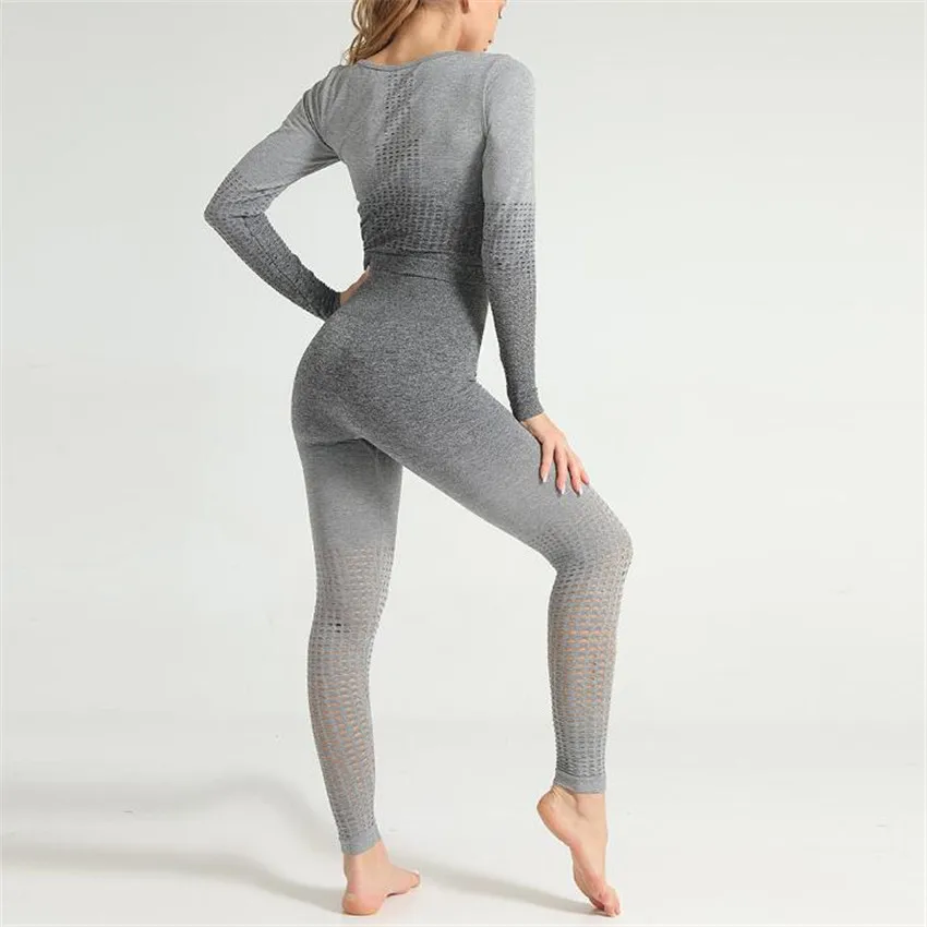 CB221 grey set Зимний бесшовный укороченный топ с длинным рукавом, спортивный бюстгальтер, рубашки, штаны для йоги, фитнеса, спортзала, тренировки, спортивный комплект для йоги, спортивный костюм - Цвет: CB221 grey set