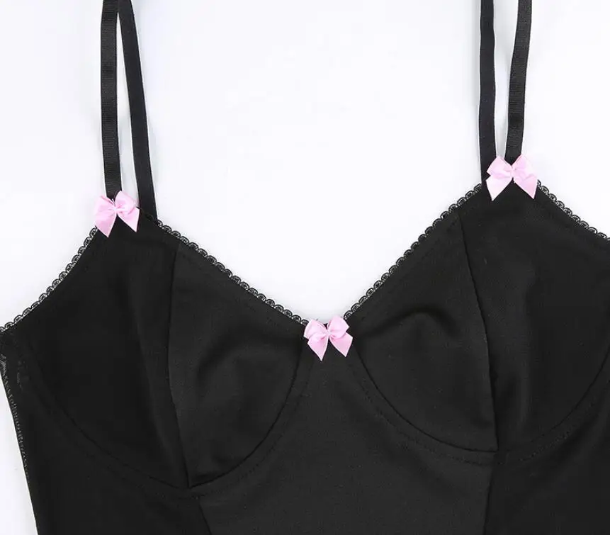 

Through Sexy Mesh Bustier Bra Tops Women Gothic Sleeveless V Neck Bow Cami Top Y2K Ladies Tank Club Party Bra p2396