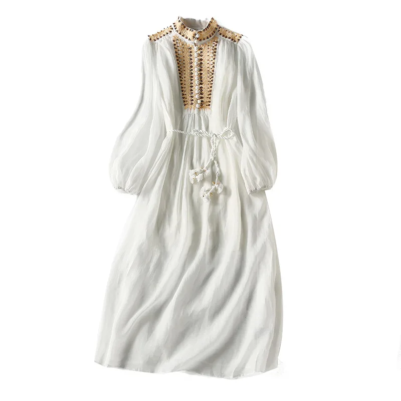 

Spring temperament commuter spring and autumn high waist pure hemp long skirt with white printing long long sleeve women's dress