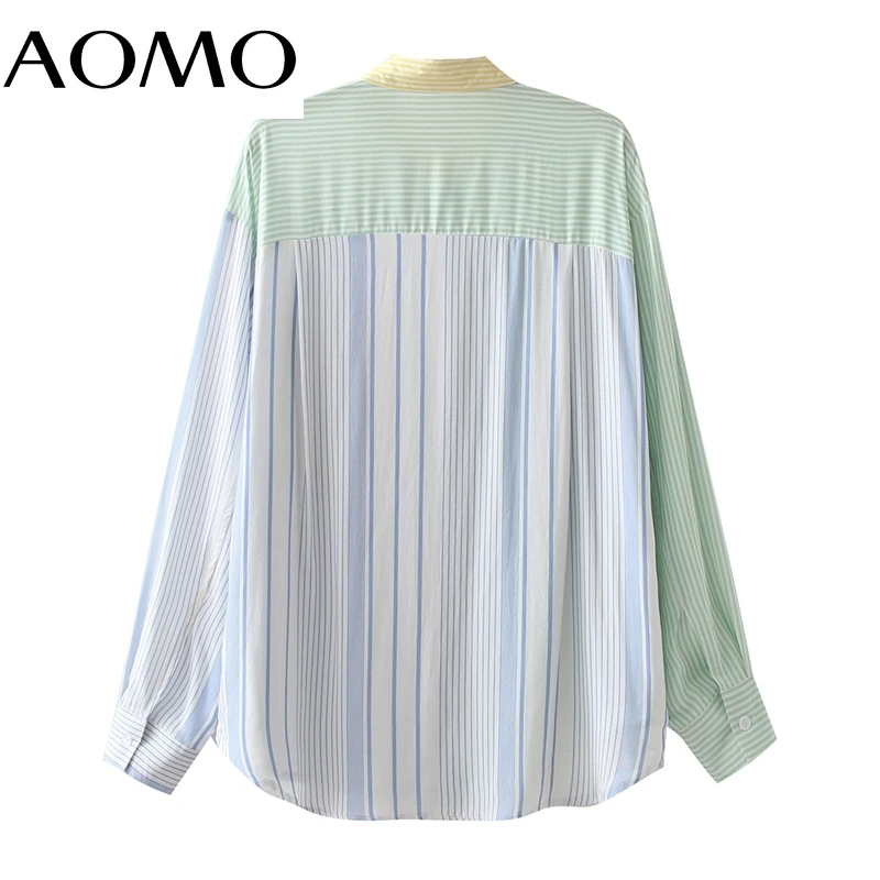 

AOMO Women Vintage Green Striped Print Patchwork Pocket Long Shirt Long Sleeve 2021 Chic Female Casual Loose Shirt QW36A