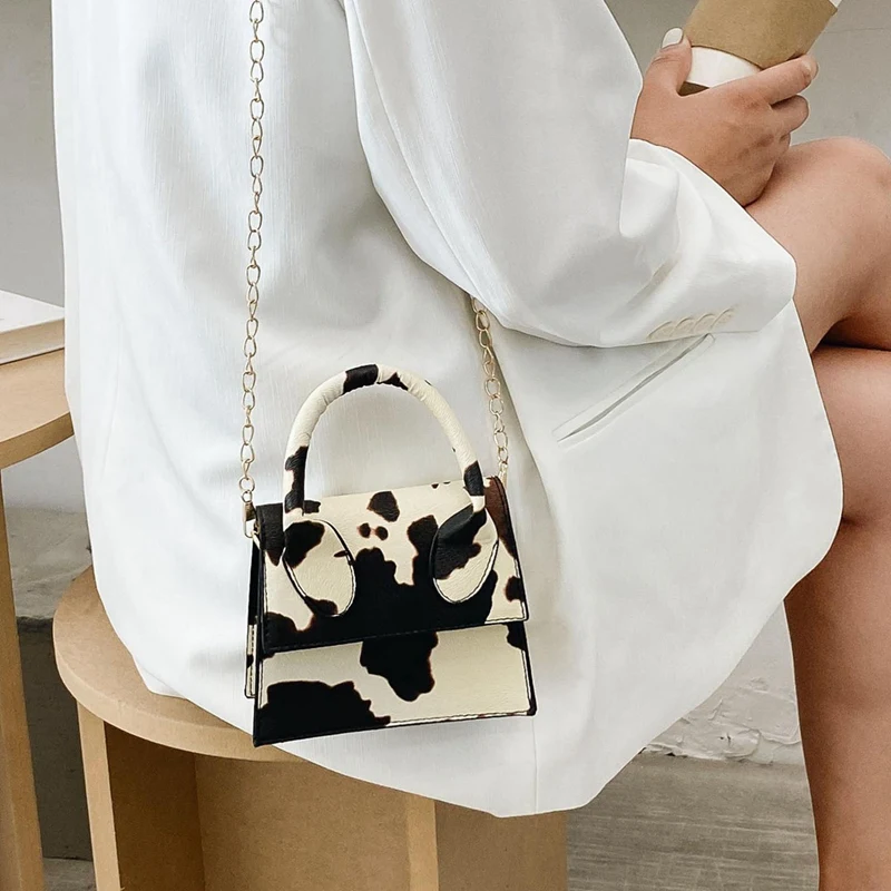 

2 Pcs Fashion Cow Print Ladies Shoulder Bag Pu Chain Mini Crossbody Bag Handbag Beige & Purple