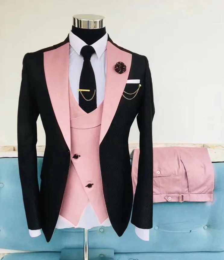 2023 ultimo design classico personalizzato rosa con abito da sposa nero per uomo abiti slim fit sposo best man party tuxedo Blazer 3 pezzi