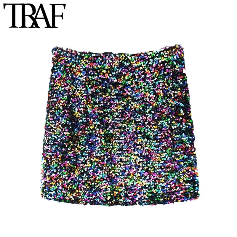 

TRAF женские модные пикантные блестящие Цвет мини-юбка с пайетками в винтажном стиле; С высокой талией с боковой молнией женские юбки Mujer