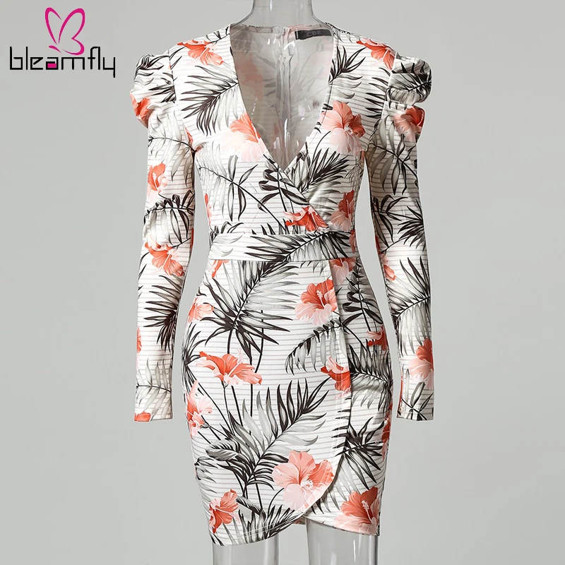 2019 женское платье с растительным принтом длинным рукавом асимметричное выше