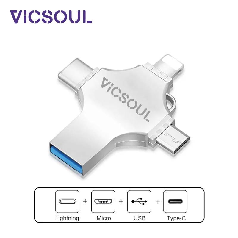 

VicSoul 4 в 1 USB 3,0 флэш-накопителей для iPhone/Android Тип C интерфейсом Usb OTG накопитель 16 GB 32 ГБ, 64 ГБ и 128 Гб флешки