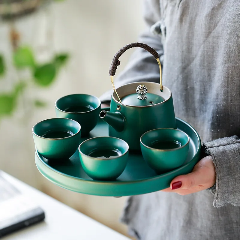 

Японский чайник с четырьмя чашками Ti Liang Hu Kung Fu, керамический чайник, чайный поднос, набор для чайной церемонии, дорожный чайный набор, семейный чайный набор