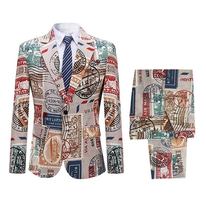 Костюм мужской с цветным принтом пиджак и брюки одной пряжкой|Костюмы| |